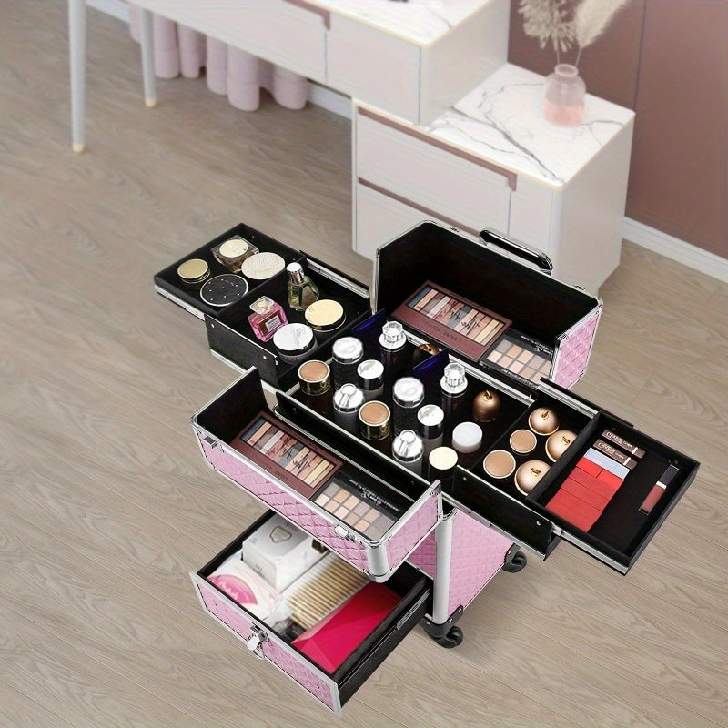 1pc Rolling Oversized Makeup Case with 4 Built-In Trays And a Handle for Easy Movement. It Is an Exclusive Wheeled Storage Tool for Nail Technicians, Artists, Beauticians, And Stylists